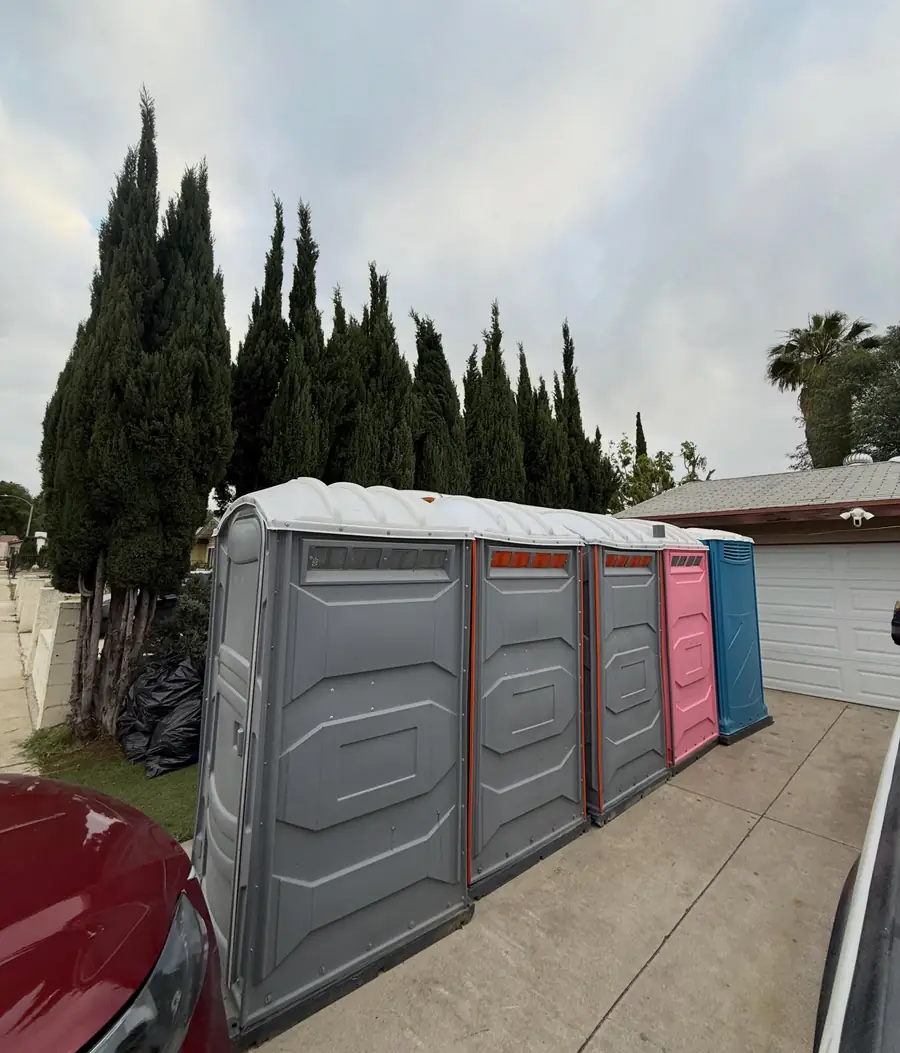 Portable toilets placed along the side of a house